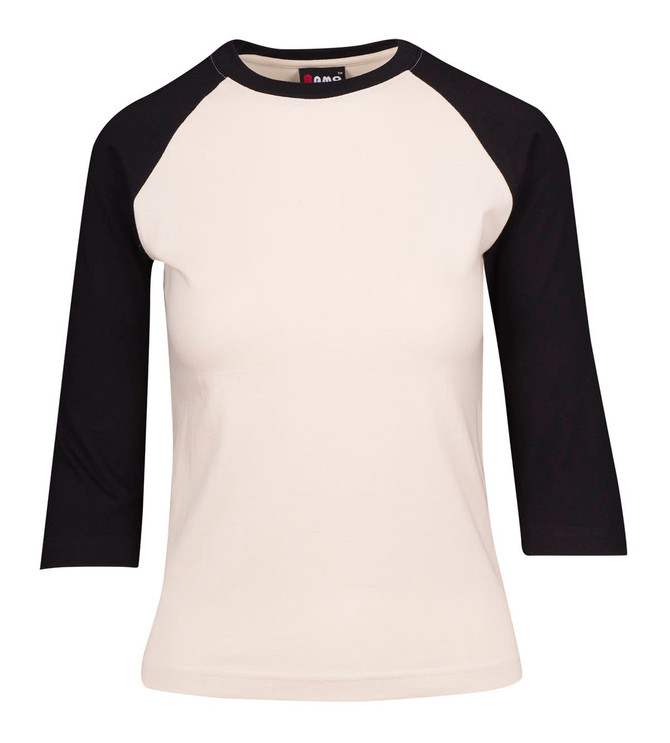 A women's 3/4 sleeve raglan T-shirt in cream with black sleeves, featuring a brand logo.
