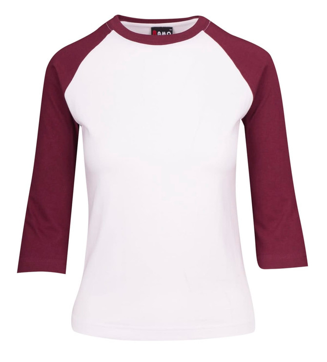 A women's 3/4 sleeve raglan T-shirt featuring a white body and burgundy sleeves. The shirt has a logo.