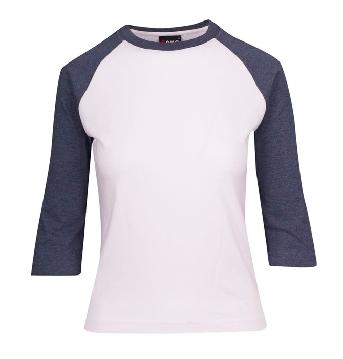 A Women's 3/4 Sleeve Raglan T-shirt featuring white body and navy blue sleeves, with a logo on the neckline.
