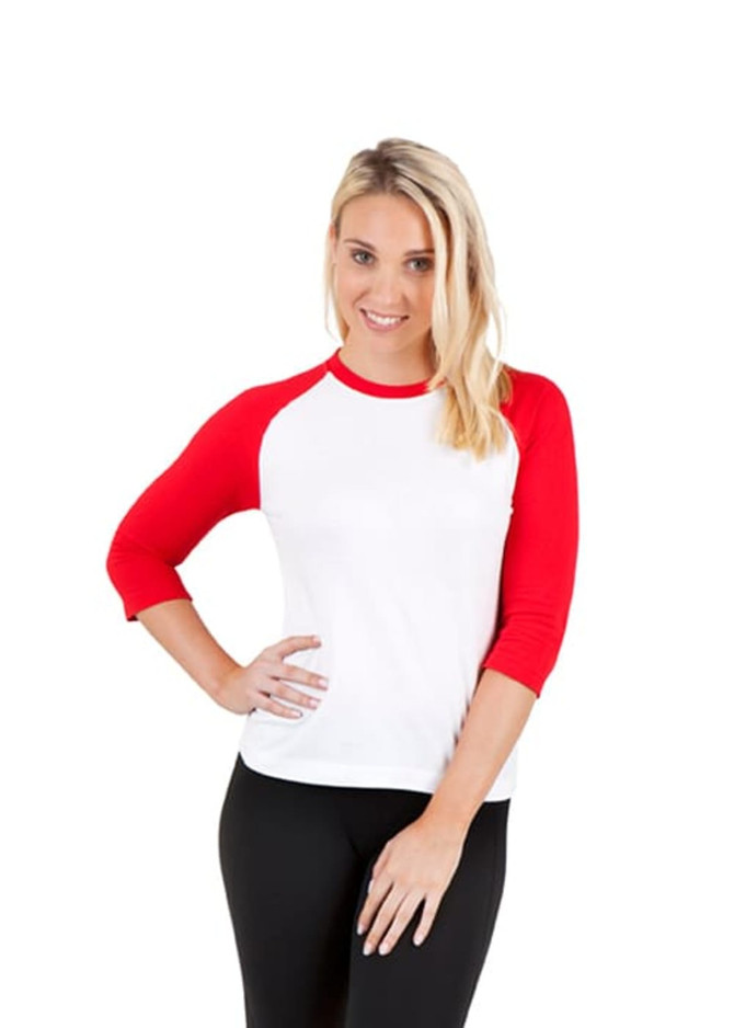 A women's 3/4 sleeve raglan t-shirt featuring white fabric with red sleeves, styled on a model.