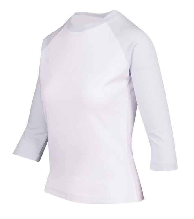 A women's white 3/4 sleeve raglan T-shirt with contrasting shoulders and a logo.