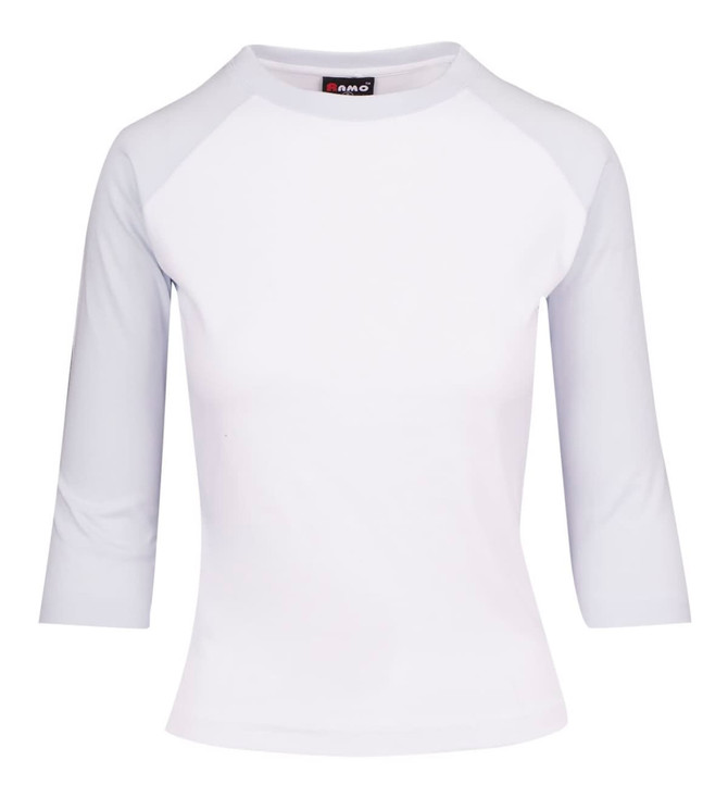 A women's 3/4 sleeve raglan T-shirt in white, featuring a contrasting sleeve design and a logo.