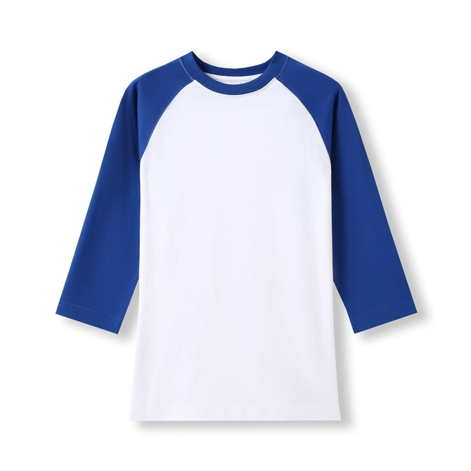 A women's 3/4 sleeve raglan T-shirt featuring white fabric with blue sleeves and a logo.
