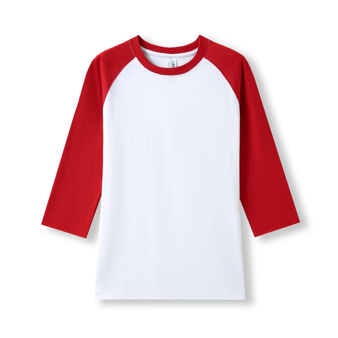 A women's 3/4 sleeve raglan T-shirt featuring white fabric with red sleeves and a logo at the neck.