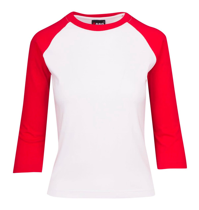 A women's 3/4 sleeve raglan T-shirt featuring white fabric with red sleeves and a logo at the neck.