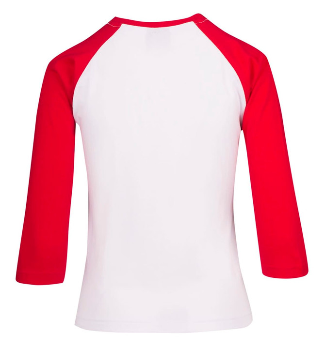 A women's 3/4 sleeve raglan T-shirt featuring a white body and red sleeves. It has a simple design and a logo.