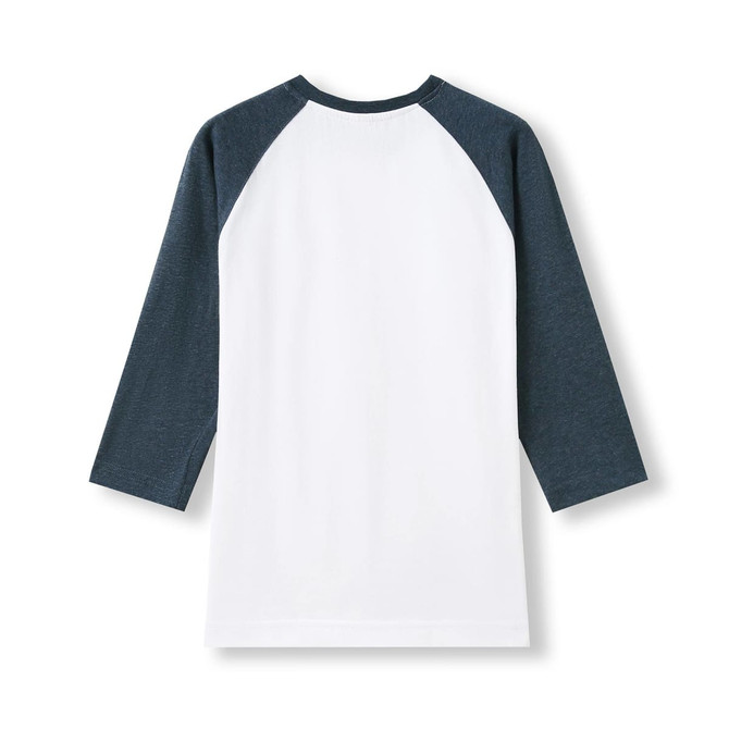A women's 3/4 sleeve raglan t-shirt featuring a white body and navy blue sleeves, with a logo on the back.