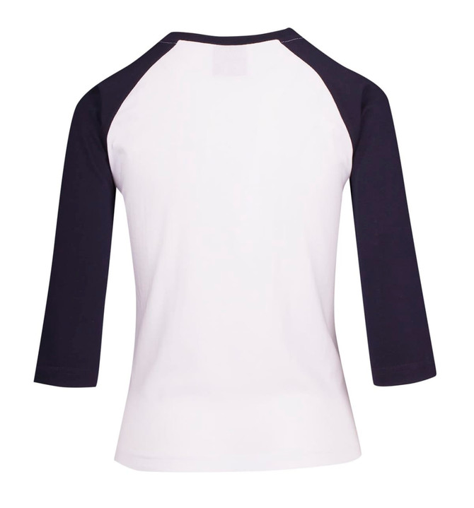 A 3/4 sleeve raglan T-shirt in white with navy sleeves, featuring a logo on the back.