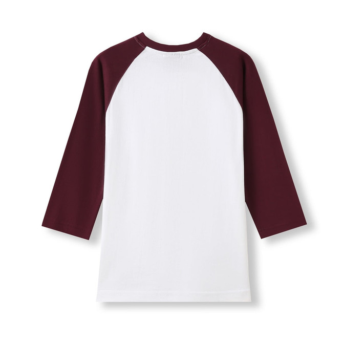 A Women's 3/4 Sleeve Raglan T-shirt in white with maroon sleeves, featuring a simple design and a logo.