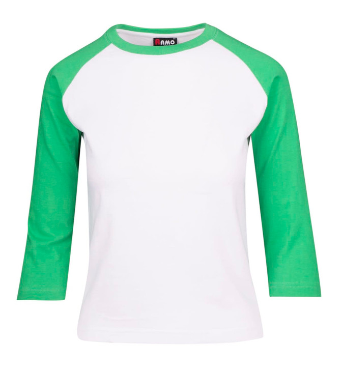 A white and green women's 3/4 sleeve raglan T-shirt featuring a logo.