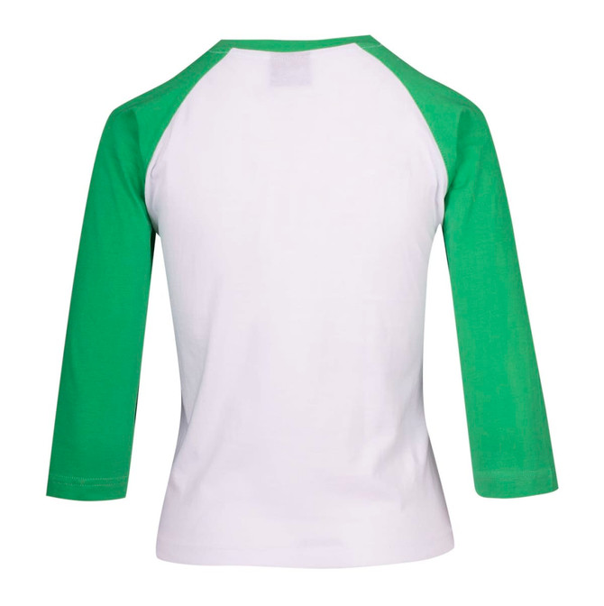 A 3/4 sleeve raglan T-shirt featuring white body and green sleeves, with a logo on the back.