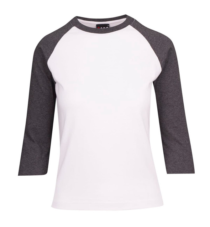 A Women's 3/4 Sleeve Raglan T-shirt featuring a white body and dark grey sleeves. It has a logo on the label.