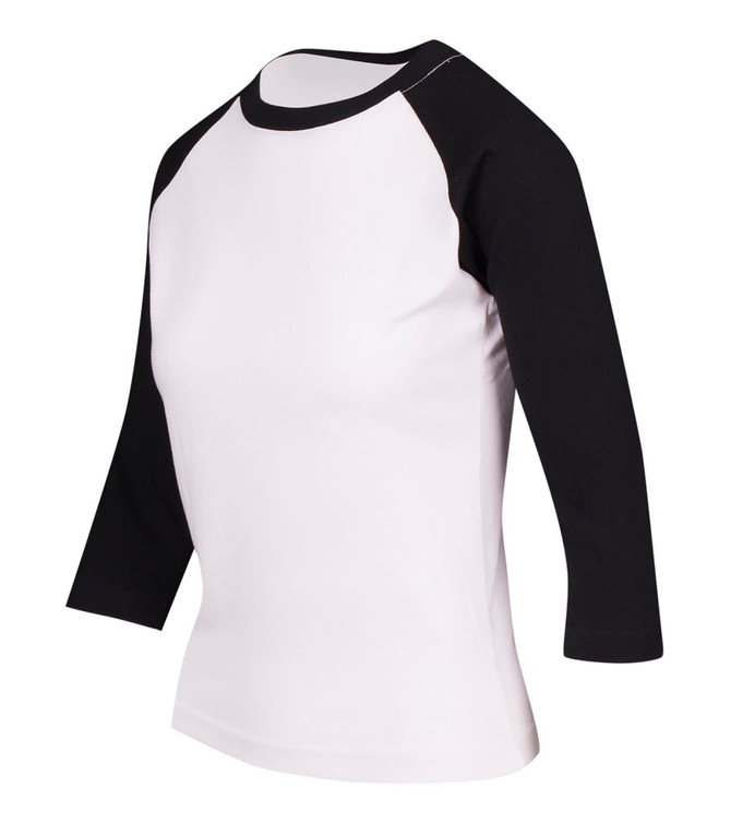 A women's 3/4 sleeve raglan T-shirt featuring a white body and black sleeves, with a logo on the front.