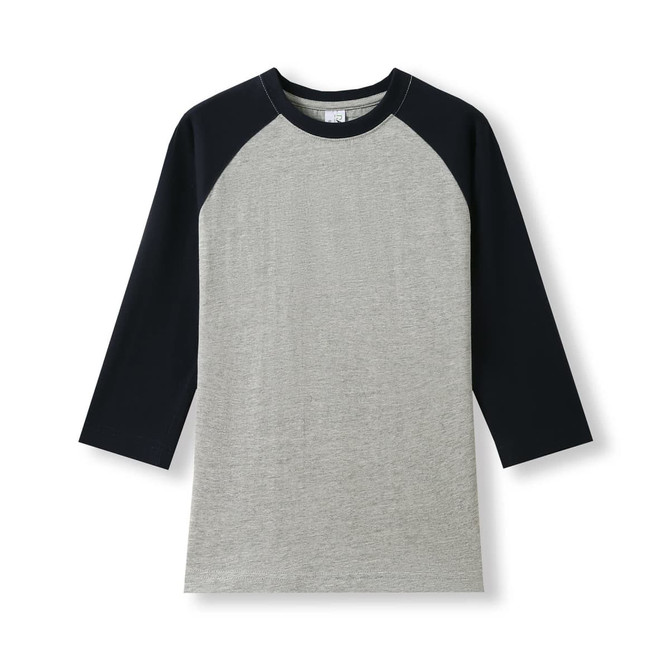 A grey and navy women's 3/4 sleeve raglan T-shirt with a simple design and a logo.