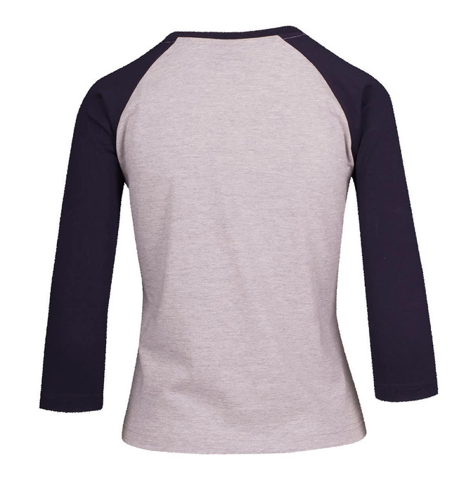 A women's 3/4 sleeve raglan T-shirt in grey with navy blue sleeves, featuring a logo on the back.