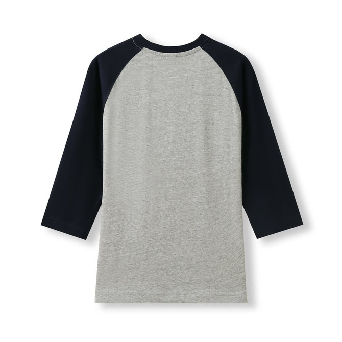 A women's 3/4 sleeve raglan T-shirt in grey with navy blue sleeves, featuring a logo on the back.