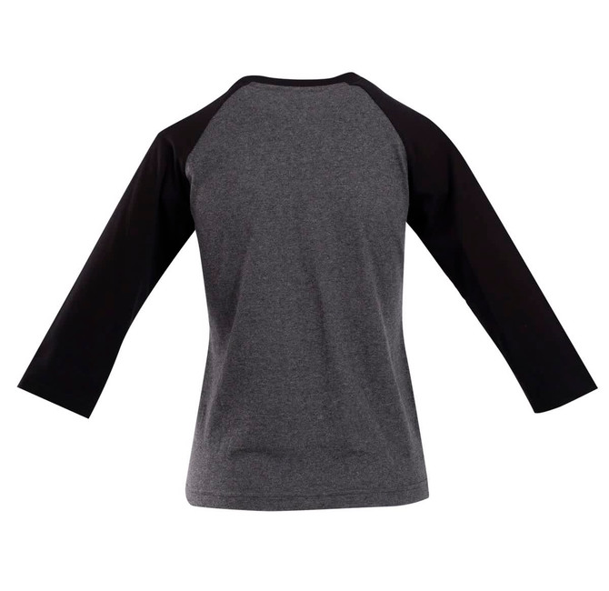 A grey and black women's 3/4 sleeve raglan t-shirt with a simple design and logo on the back.