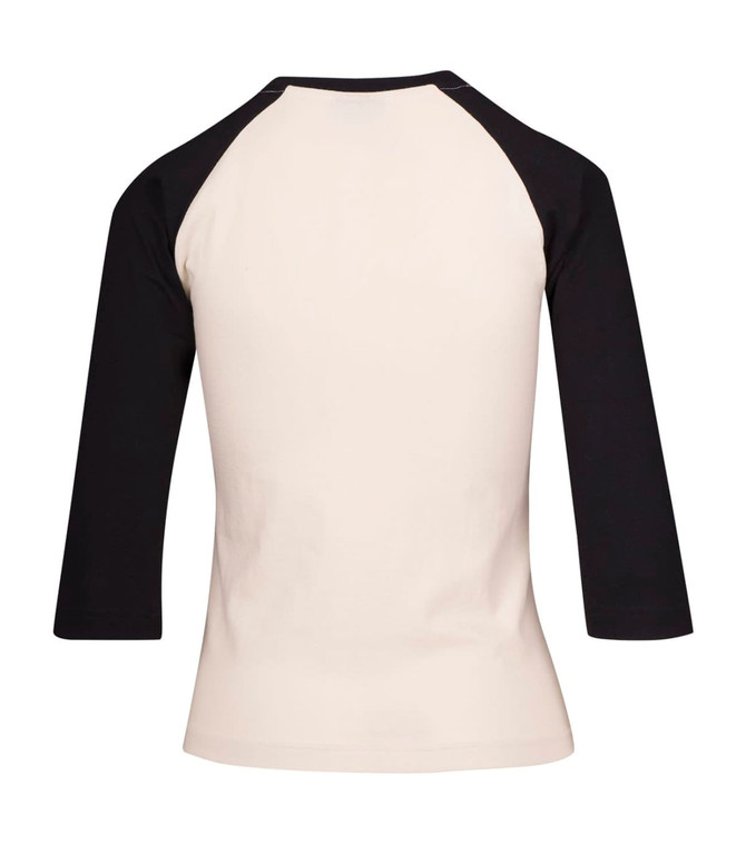 A women's 3/4 sleeve raglan T-shirt in cream with black sleeves. Includes a logo on the back.