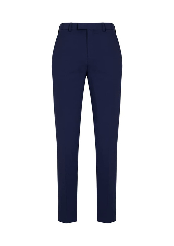 Slim fit flat front pants in navy blue, featuring a sleek design and a waistband with a logo.