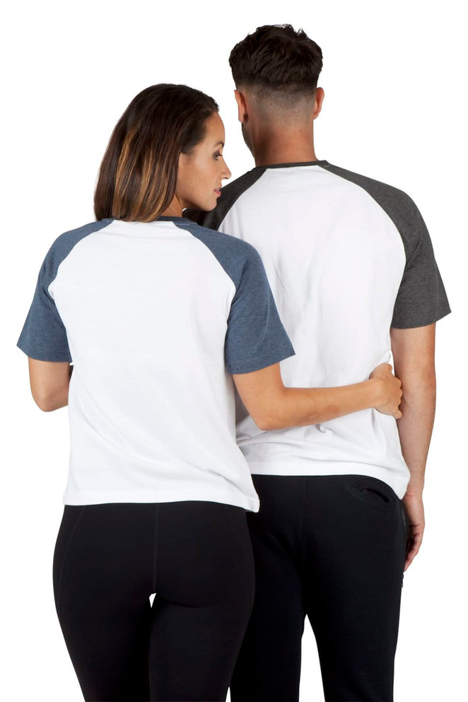 A men's and unisex raglan sleeve tee in white with blue and grey sleeves, featuring a logo on the back.