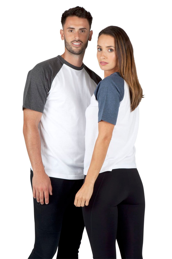 A men's/unisex raglan sleeve tee in white with grey and navy sleeves, featuring a logo.