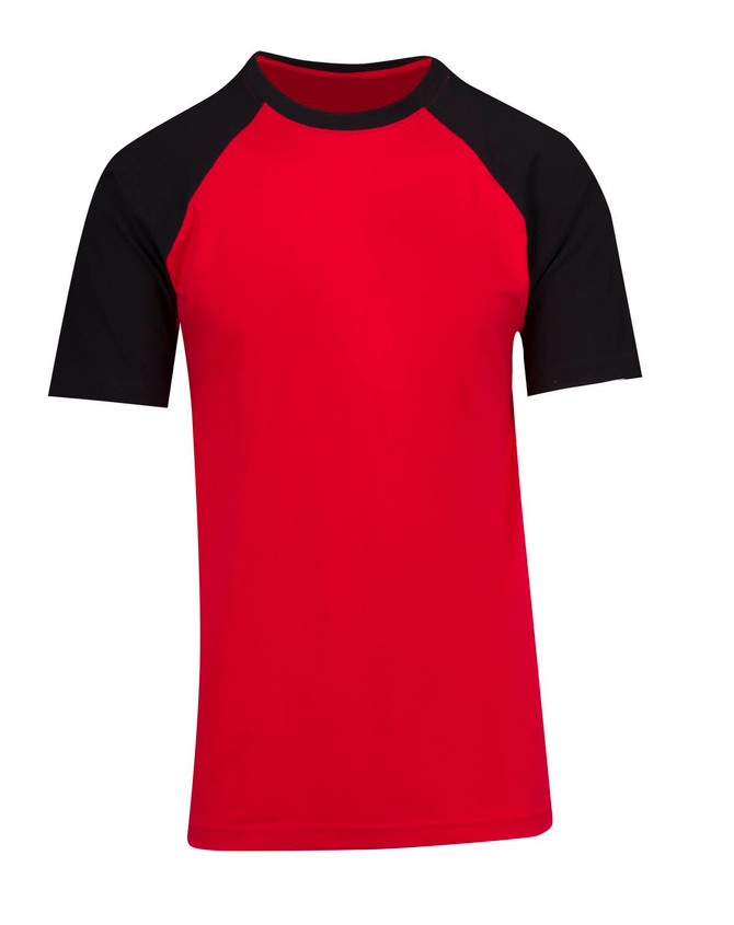 Men's unisex raglan sleeve tee in red with black sleeves, featuring a logo on the front.