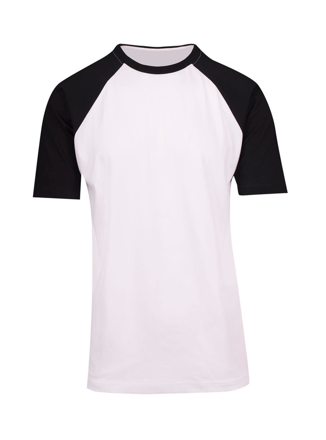 A men's unisex raglan sleeve tee featuring white fabric with black sleeves and a small logo.