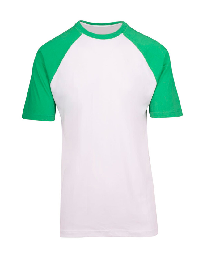 A men's/unisex raglan sleeve tee featuring green sleeves and a white body. The shirt includes a logo.