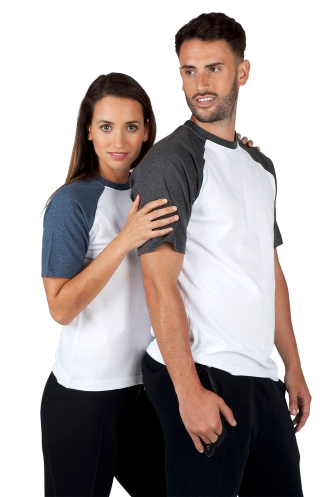 A men's and unisex raglan sleeve tee in white with grey sleeves, styled on two models.