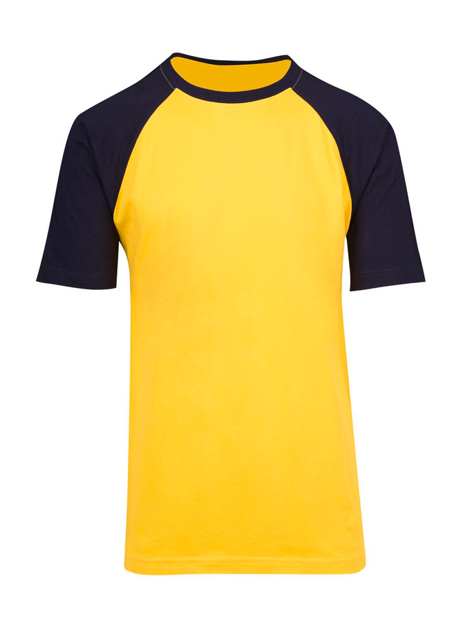 A yellow and navy unisex raglan sleeve tee with a round neckline and short sleeves. It features a logo on the chest area.