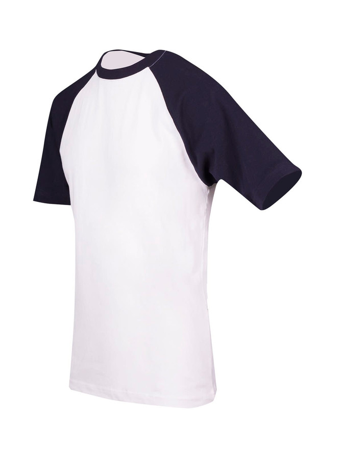 A unisex raglan sleeve tee featuring a white body and navy blue sleeves. It includes a logo on the front.