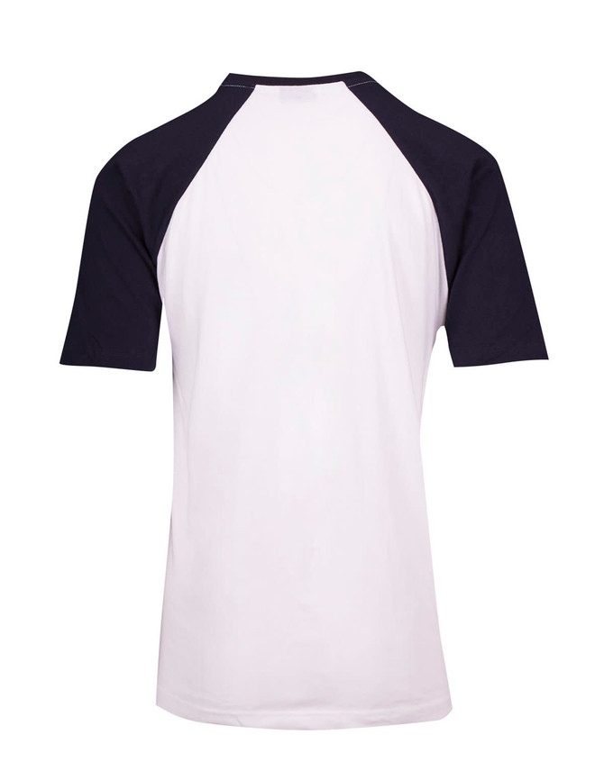 A men's/unisex raglan sleeve tee featuring white fabric with navy blue sleeves and a logo on the back.
