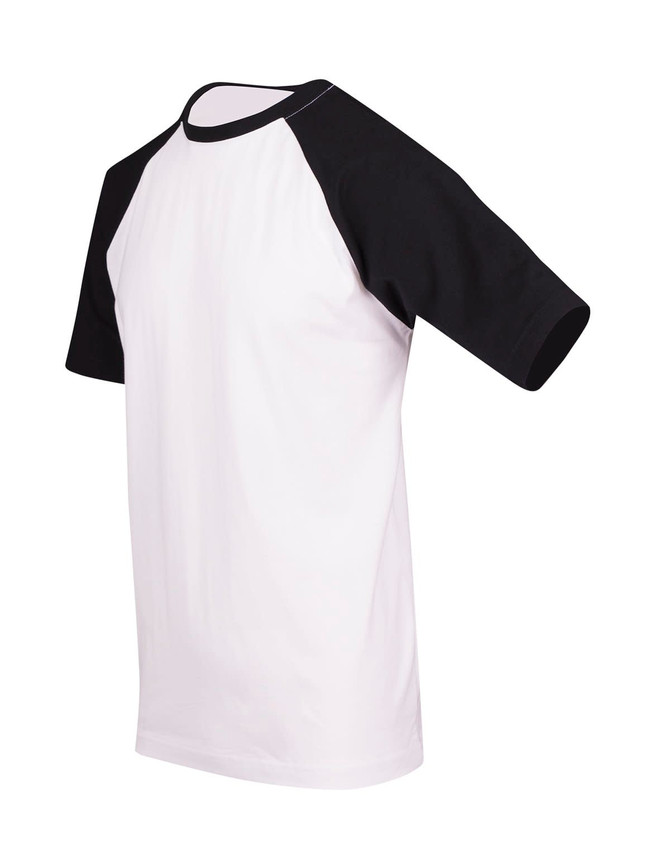 A unisex raglan sleeve tee featuring a white body and black sleeves. It has a logo on the front.