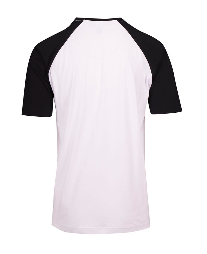 A unisex raglan sleeve tee featuring black sleeves and a white body. Includes a logo on the back.