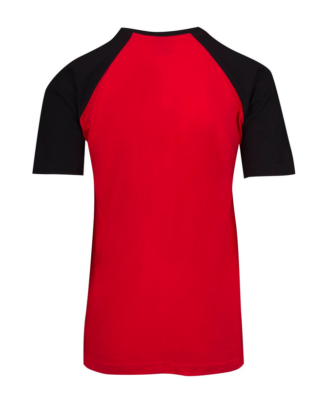 A red and black men's/unisex raglan sleeve tee with a solid colour design and short sleeves.