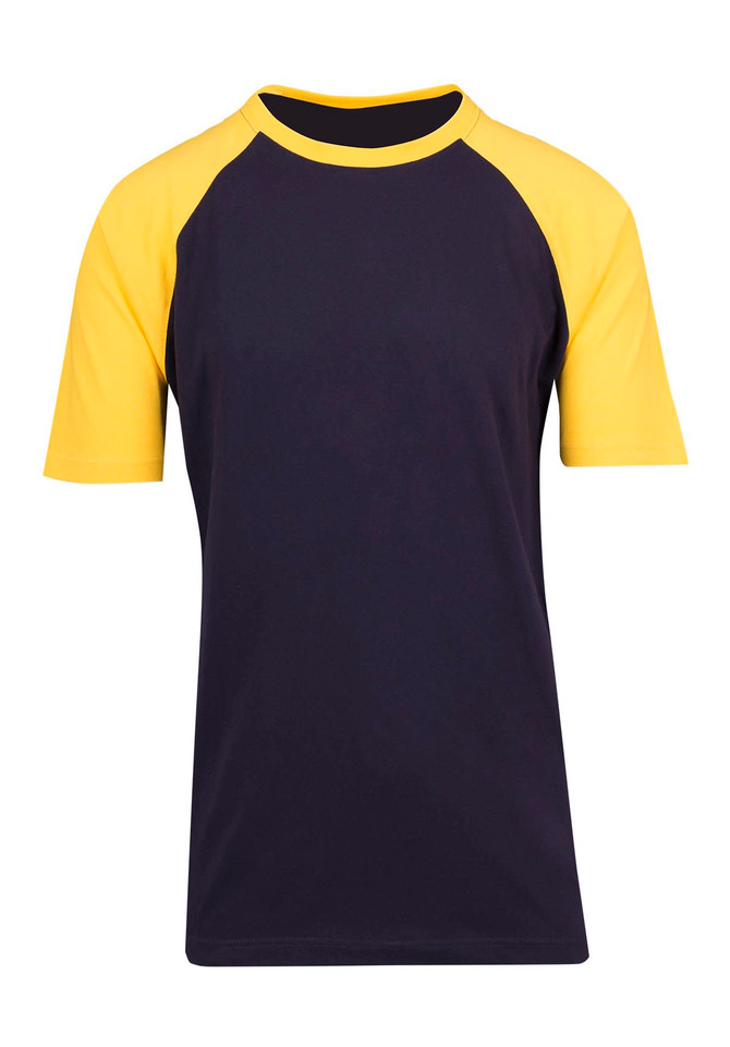 A navy and yellow raglan sleeve tee featuring short sleeves and a logo.