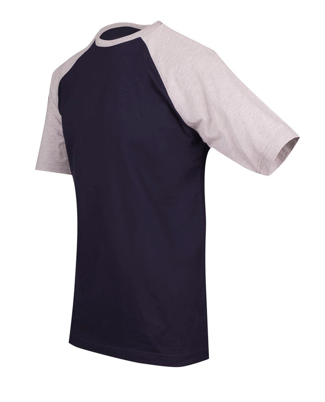 A men's unisex raglan sleeve tee in navy and light grey with short sleeves. It features a logo on the front.