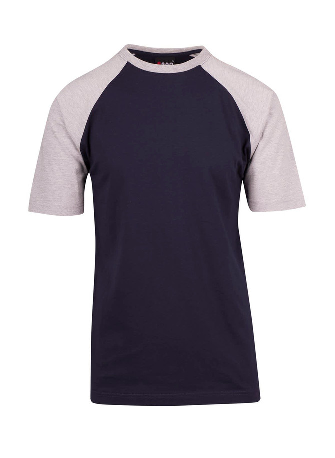 A navy and grey unisex raglan sleeve tee featuring short sleeves and a logo.