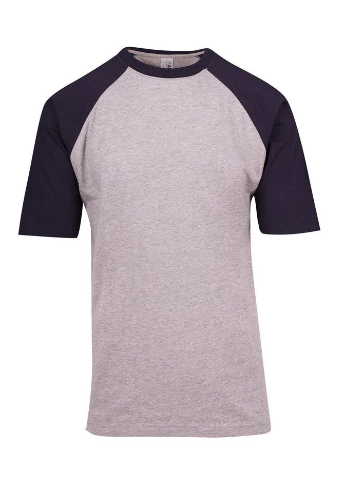 A unisex grey and navy raglan sleeve T-shirt featuring short sleeves and a branding logo.