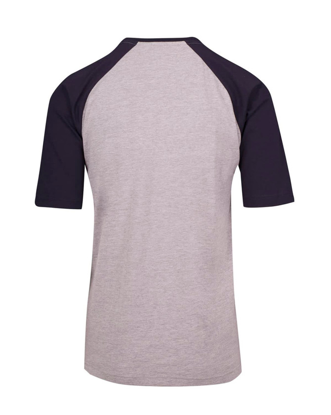A unisex raglan sleeve tee in grey with navy sleeves, featuring a plain back design and a logo.