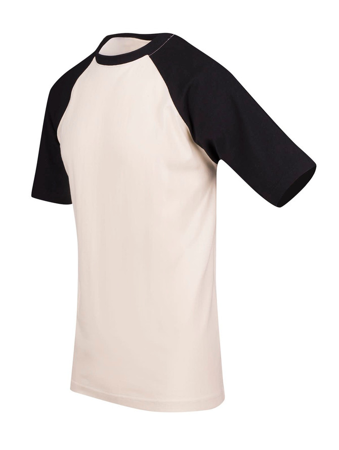 A men's/unisex raglan sleeve tee featuring a cream body and black sleeves. The shirt includes a brand logo.