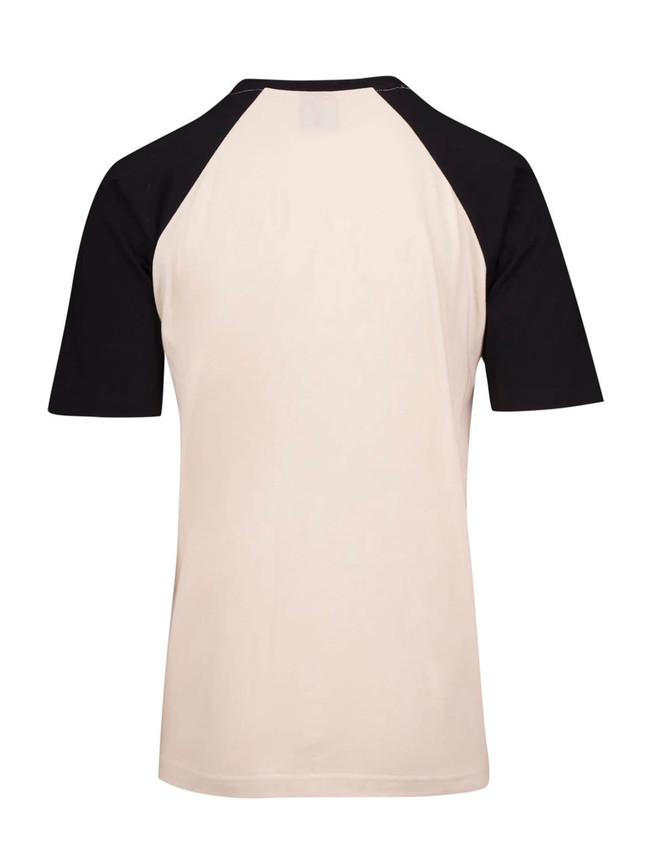 A unisex raglan sleeve tee featuring a black and cream colour combination, with a classic design and a logo.