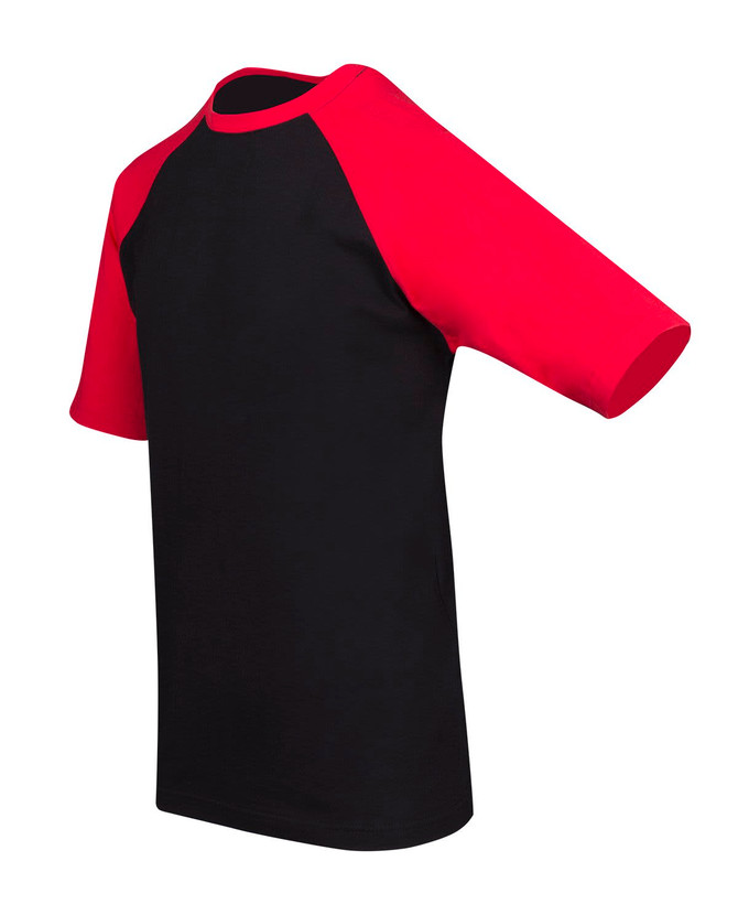 A black and red raglan sleeve tee with short sleeves and a logo on the front.