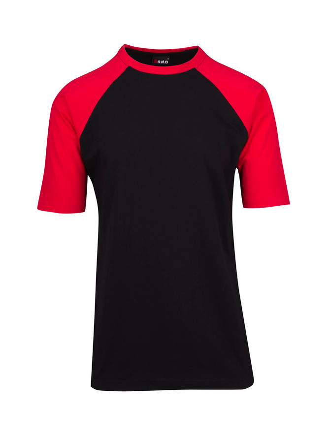 Men's unisex raglan sleeve tee in black with red sleeves, featuring a logo on the tag.