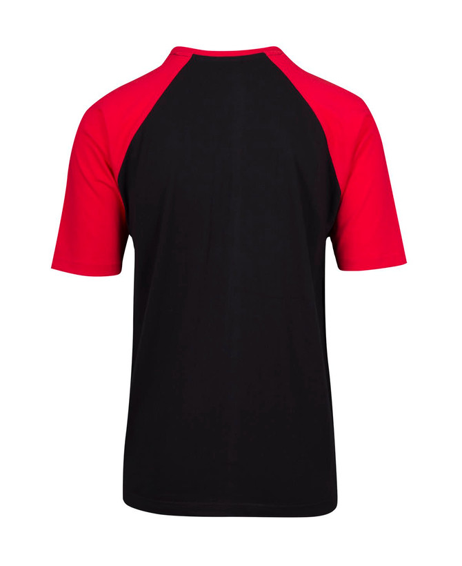 A unisex raglan sleeve tee with black body and red sleeves, featuring a logo on the back.