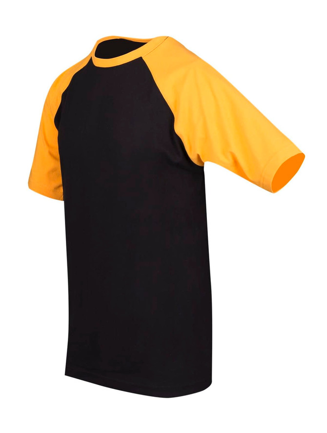 A black and yellow men's unisex raglan sleeve tee with a contrasting sleeve design and a logo.