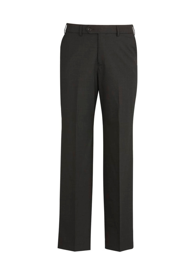 Mens comfort wool stretch flat front pants in dark grey with a classic fit and side pockets, featuring a discreet logo.