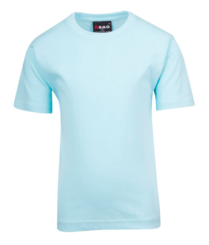 A light blue kid's regular T-shirt with short sleeves and a branded label on the neck.