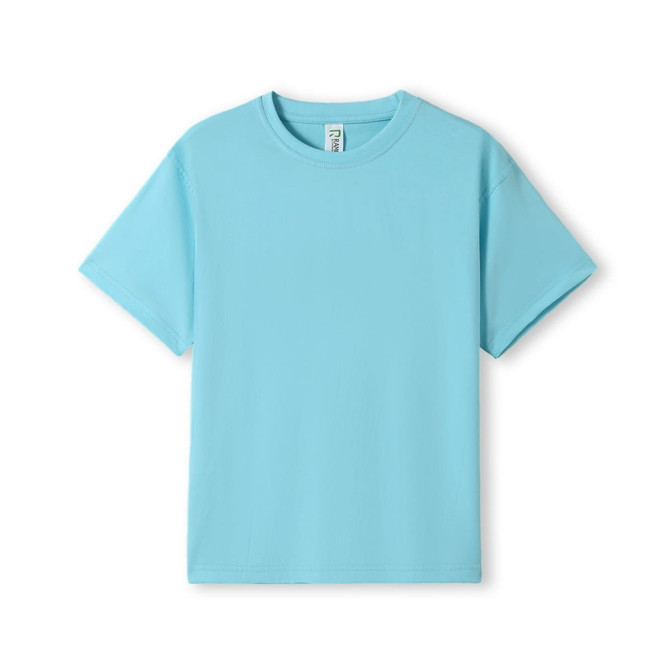 A light blue kid's regular T-shirt with short sleeves and a branded label on the neck.