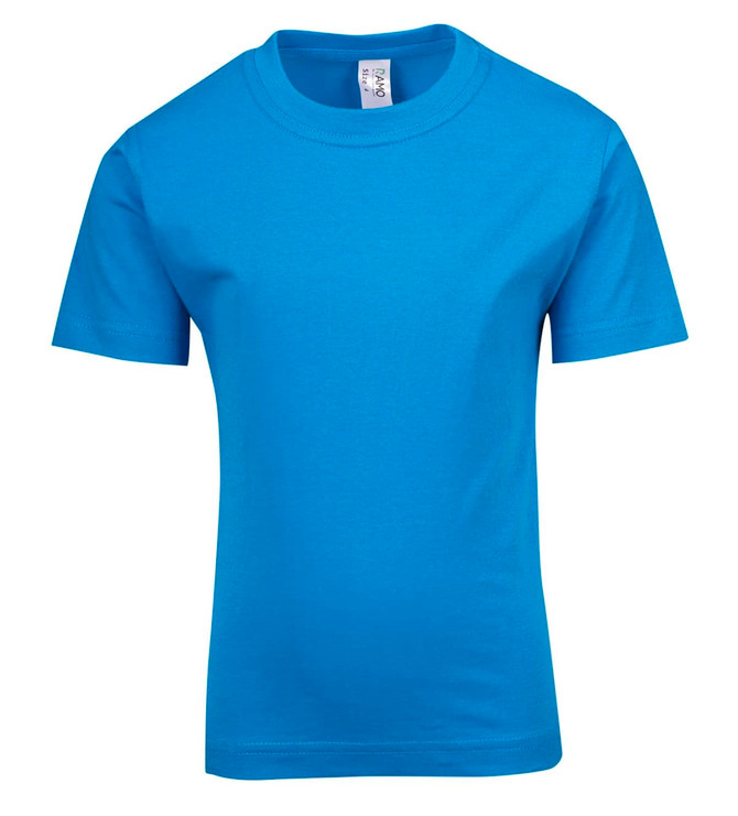A blue kid's regular T-shirt with short sleeves and a round neckline, featuring a brand label inside.